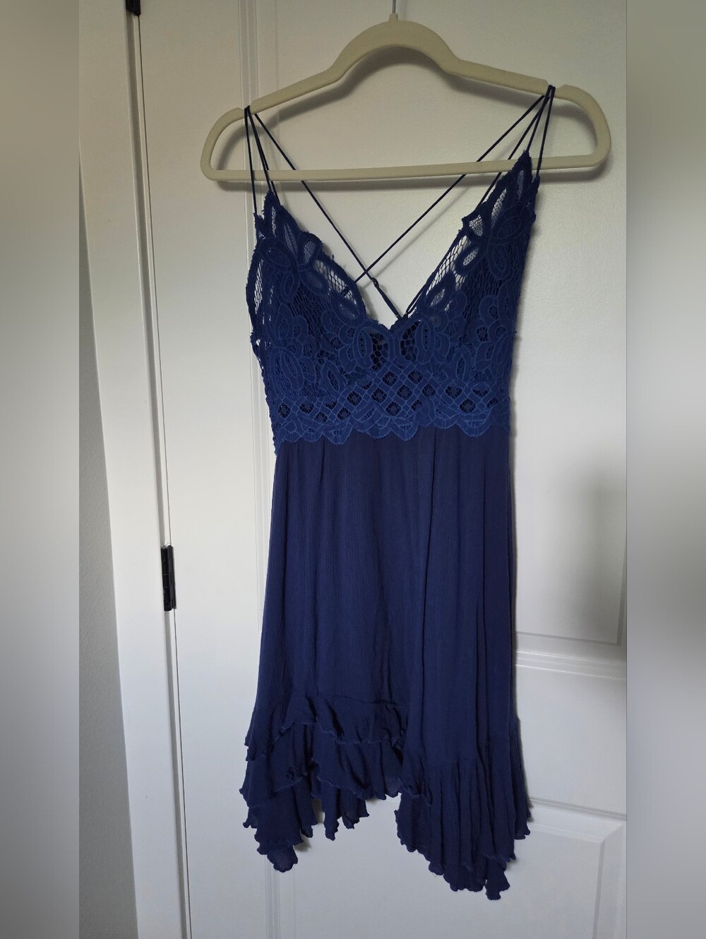 Lace Bodice Asymmetrical Slip Dress in Navy
